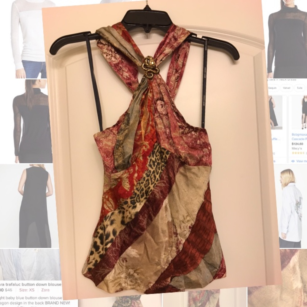 Roberto Cavalli silk halter with gold snake pin